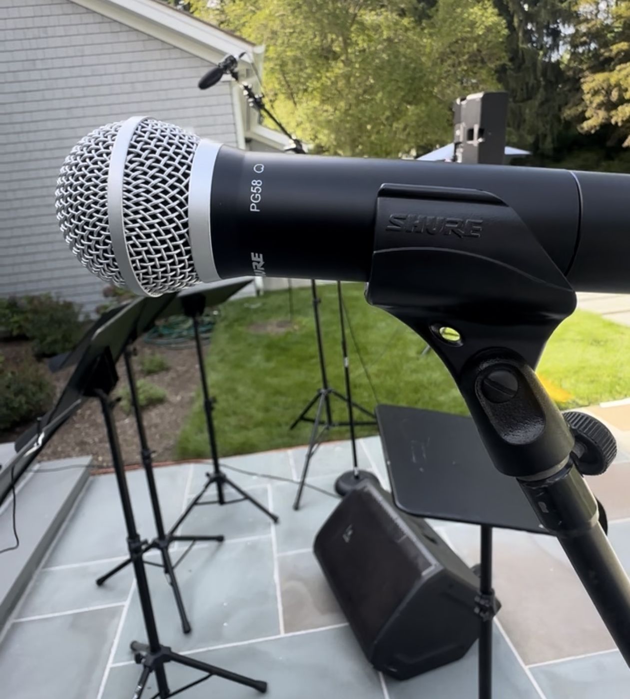 Professional wireless microphone and speaker setup for an outdoor NYC event