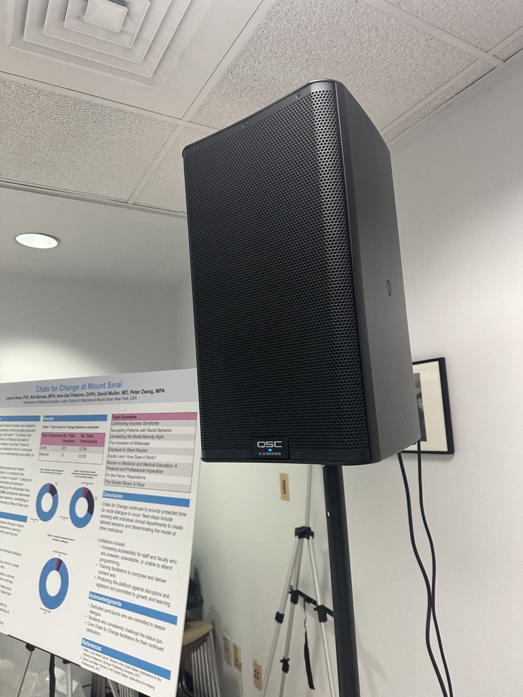 PA speaker and presentation displays at a conference in New York