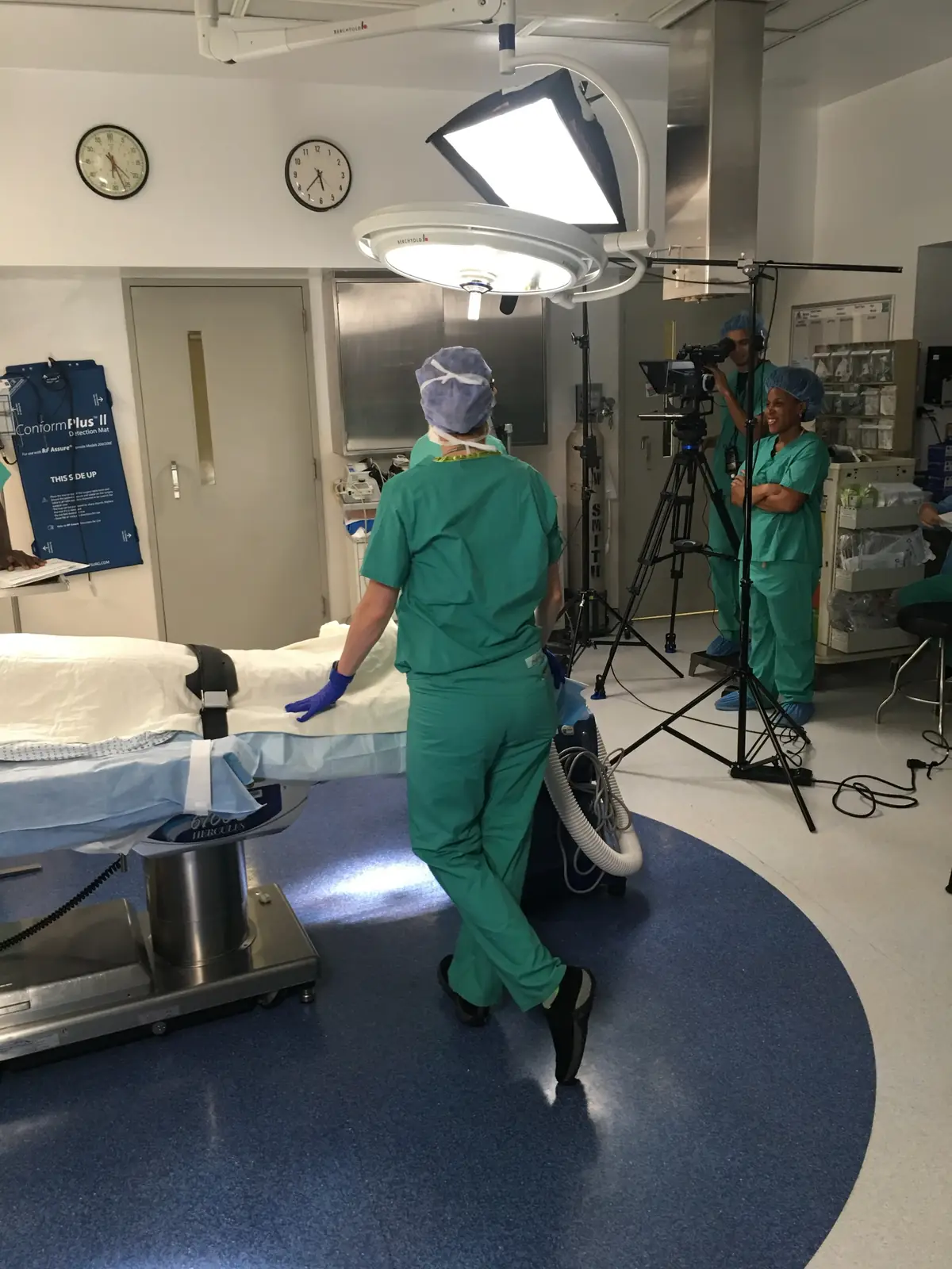 Teleprompter interview setup inside an operating room for a healthcare patient education video