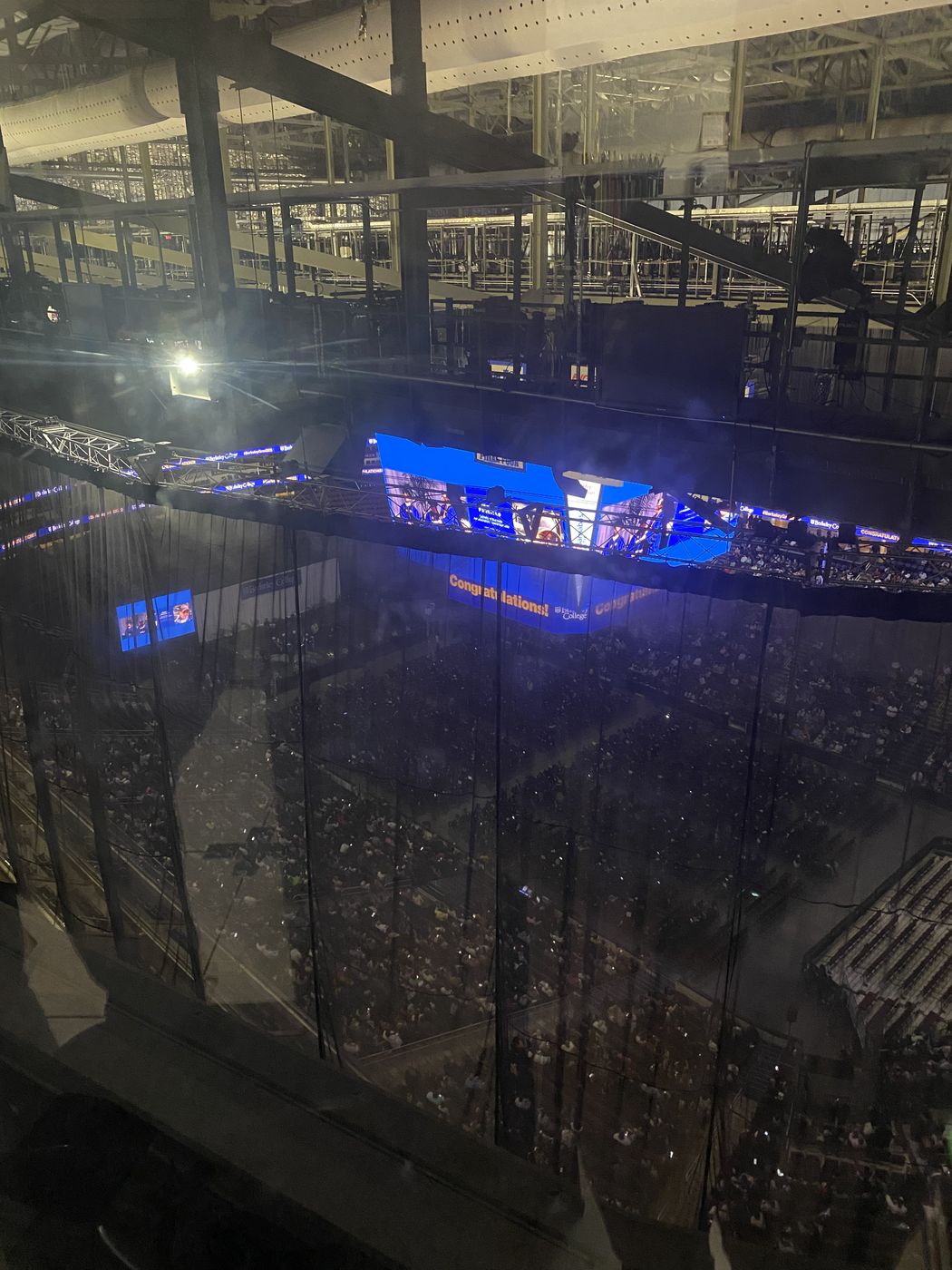 Arena commencement ceremony captured from above during a multi-camera livestream