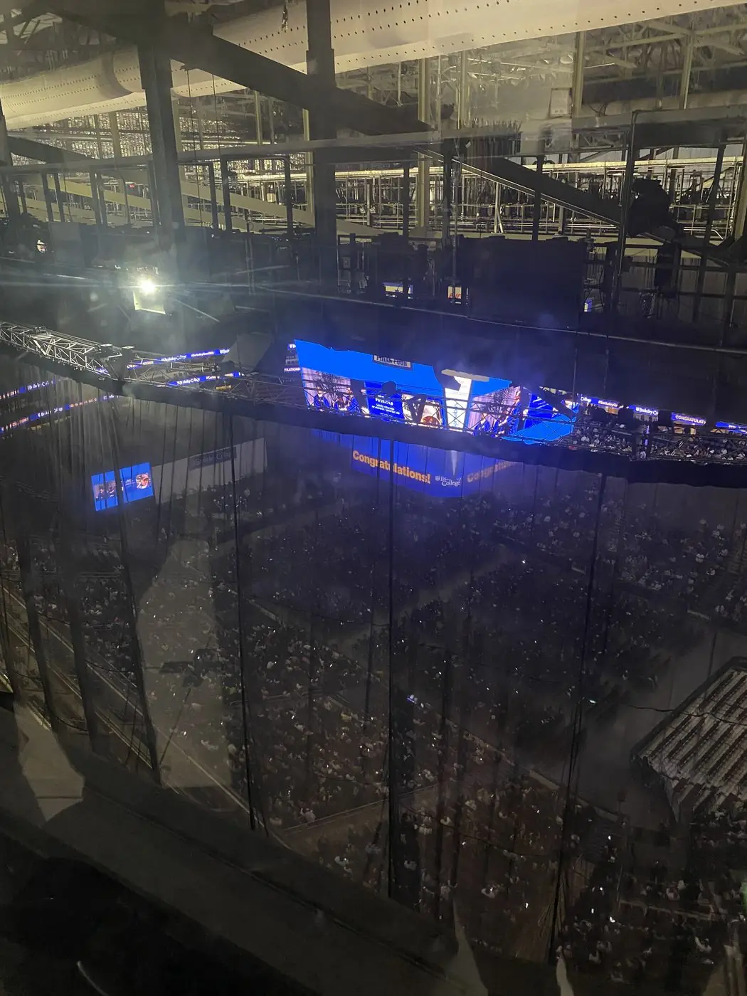 Arena commencement ceremony captured from above during a multi-camera livestream