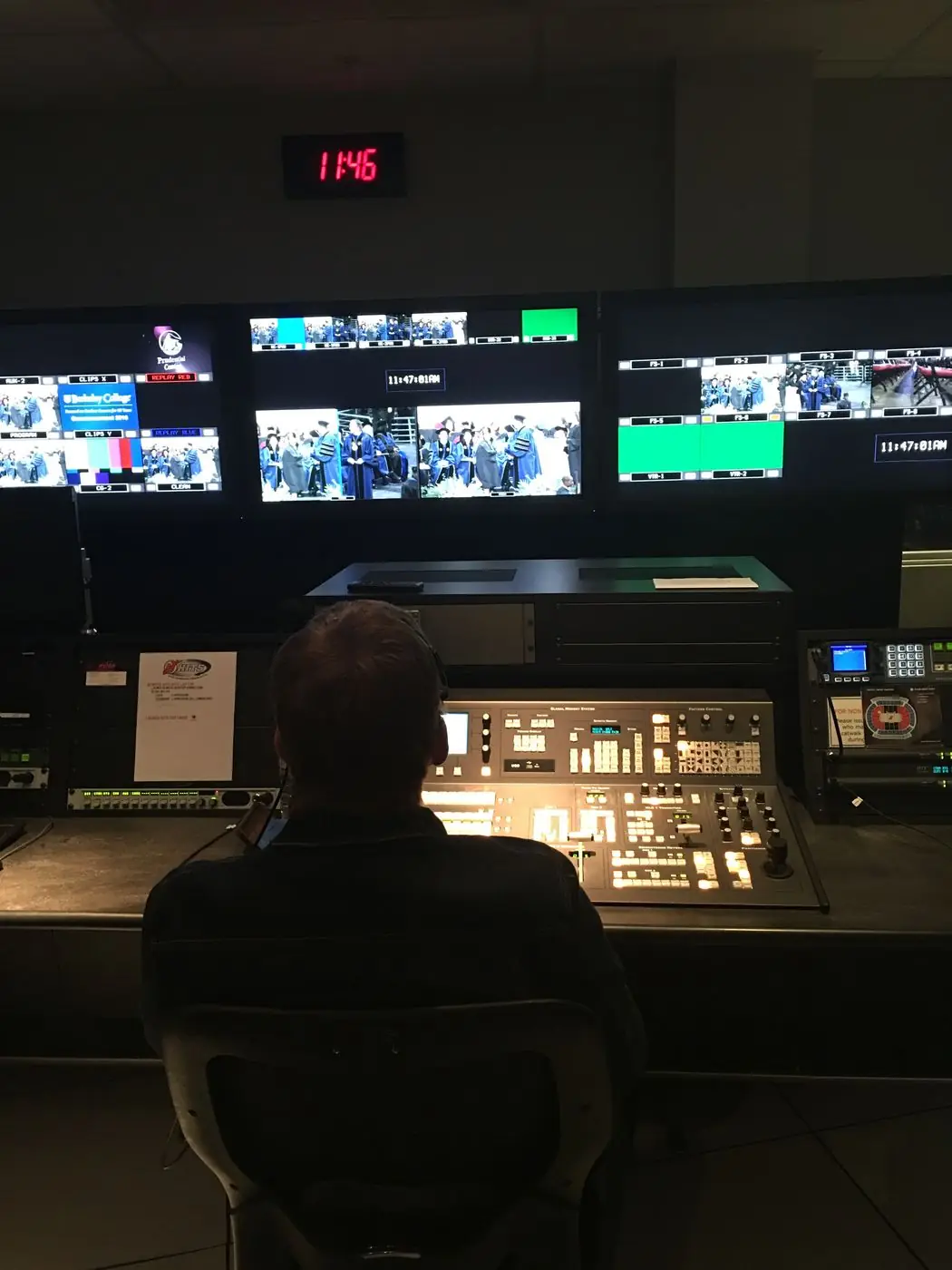 Broadcast control room multiview during a university commencement livestream