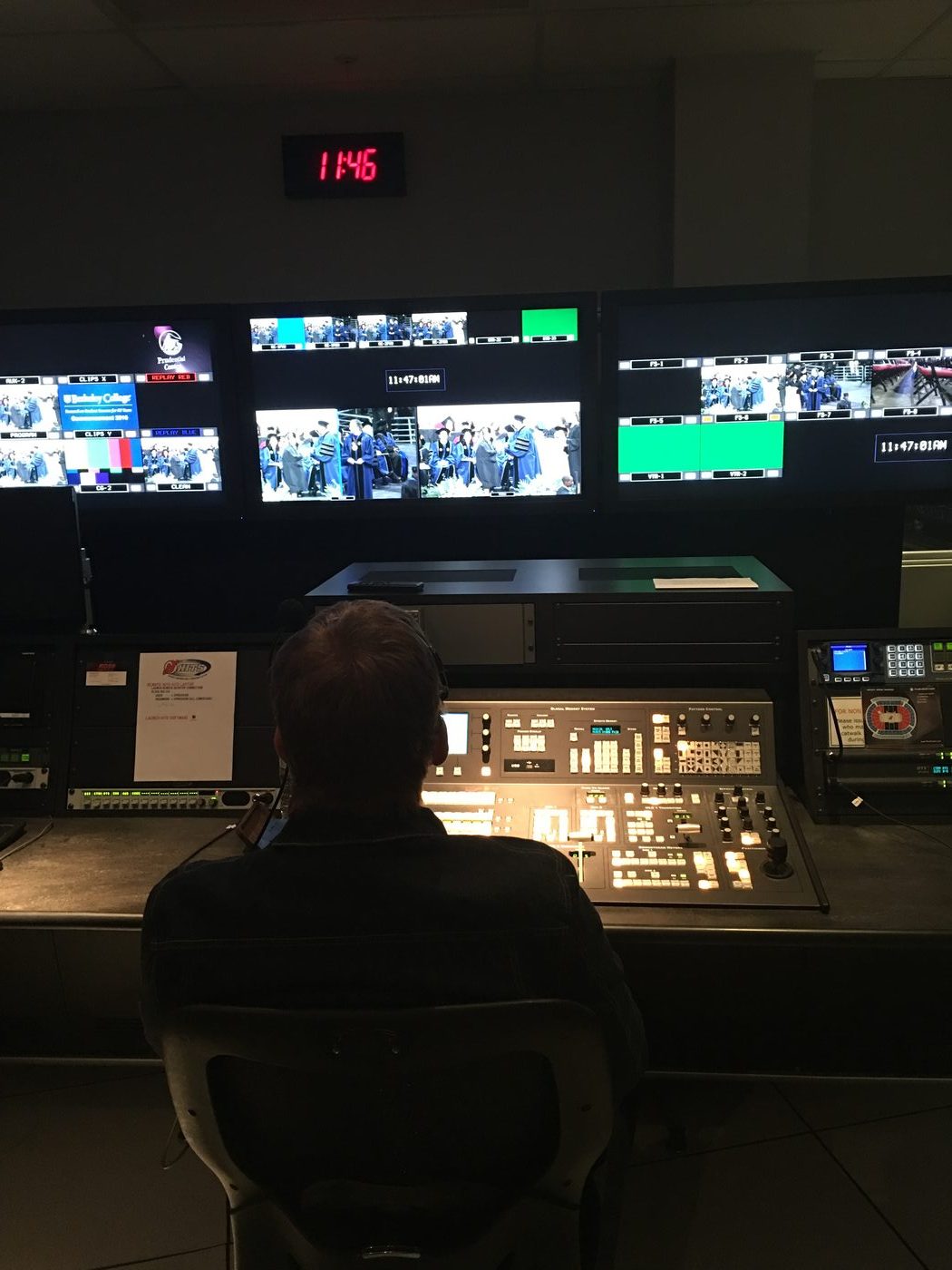Broadcast control room switching a Berkeley College graduation livestream at Prudential Center