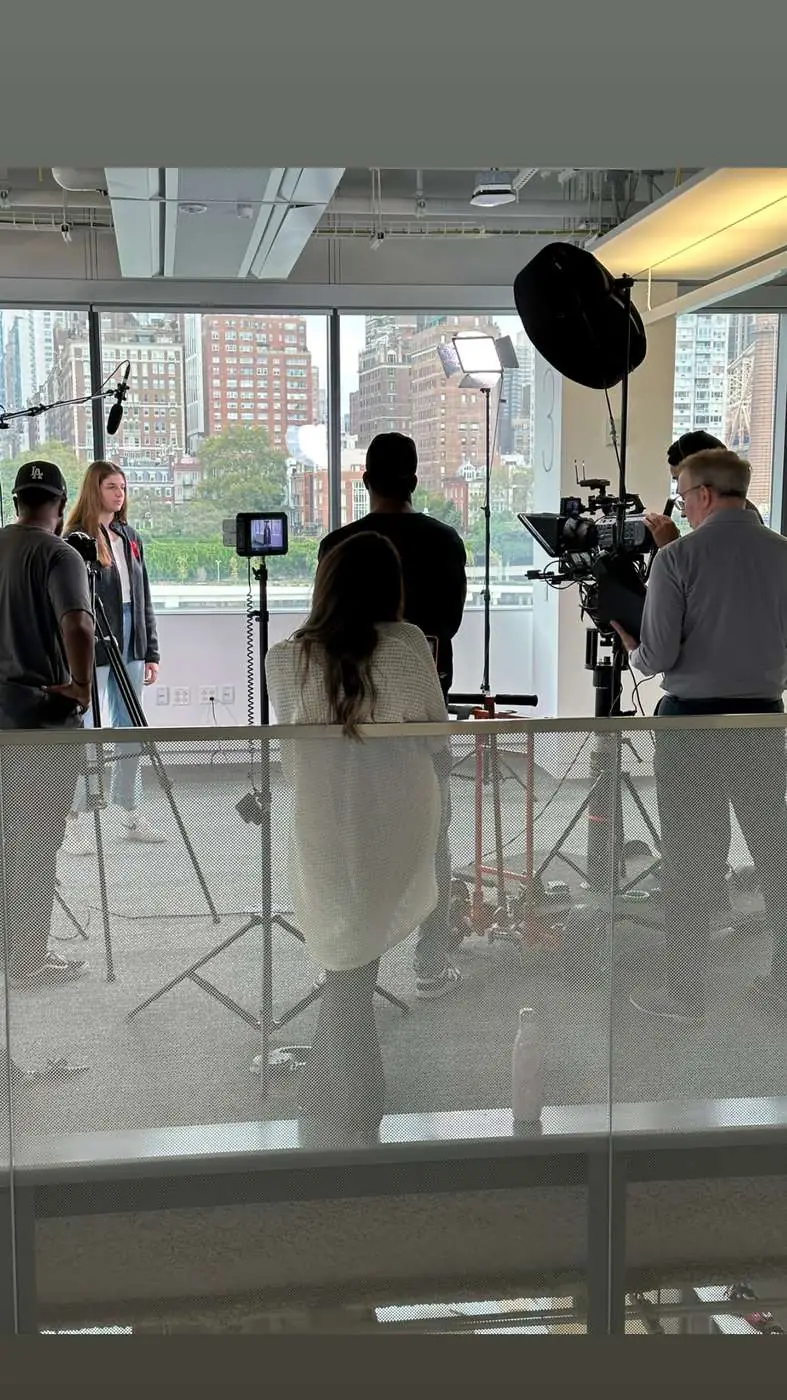 Student on camera during a university shoot with teleprompter support in New York City