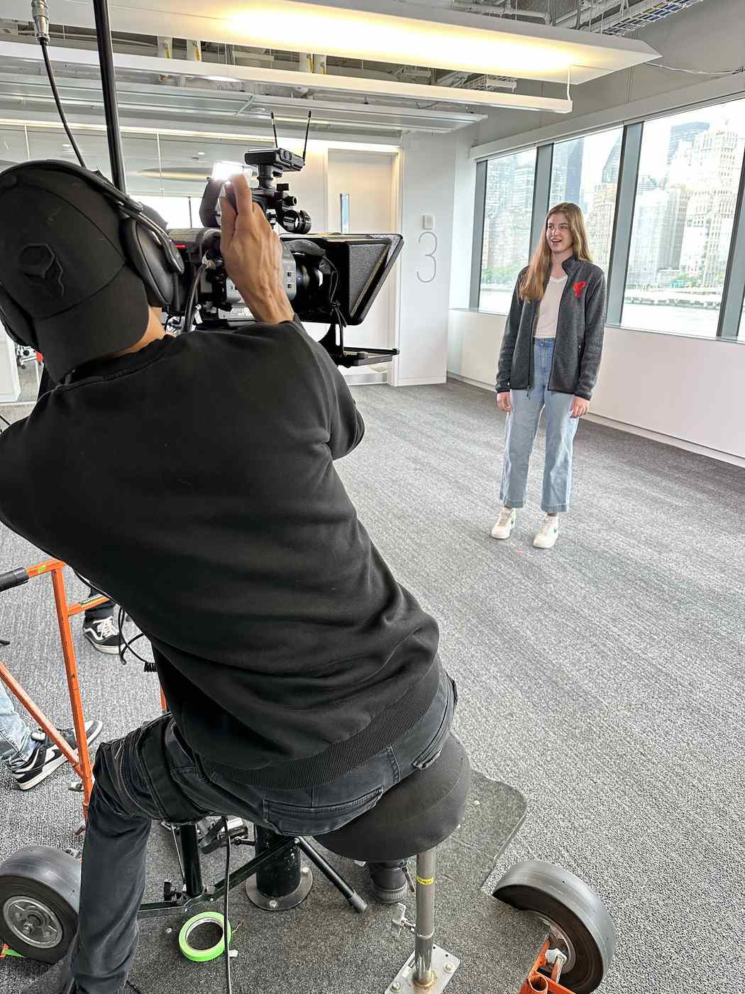 University video shoot with camera dolly and student talent in New York City