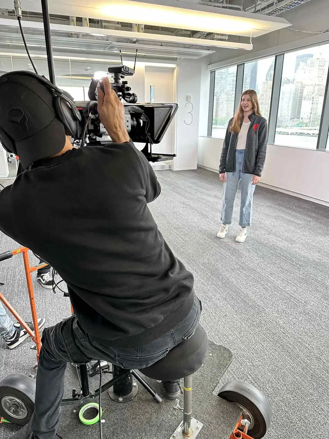 University video shoot with camera dolly and student talent in New York City
