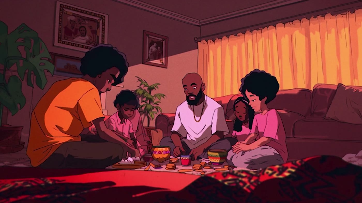 Animated family gathered at the Kwanzaa dinner table