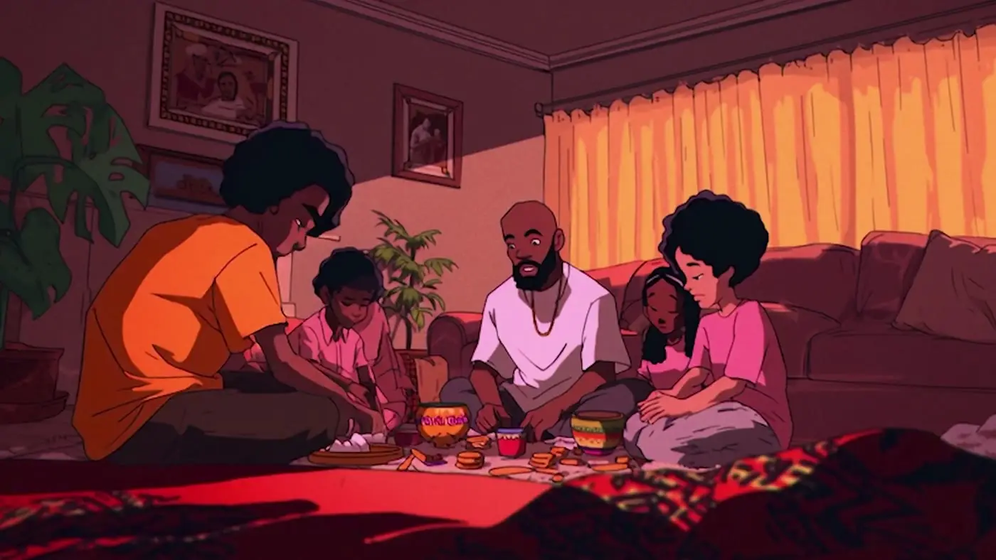 Animated family gathered at the Kwanzaa dinner table