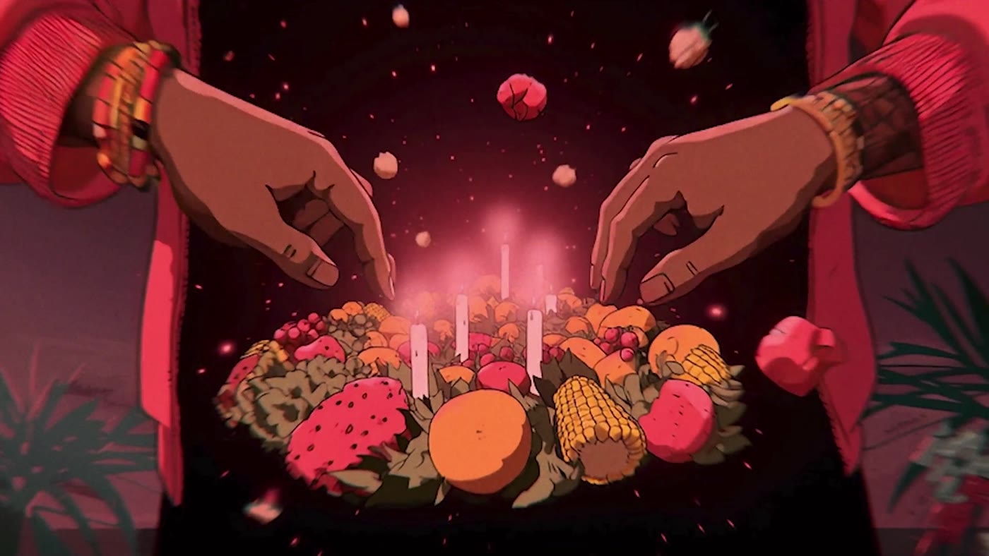 Hands over the kinara candles and harvest in AI animation
