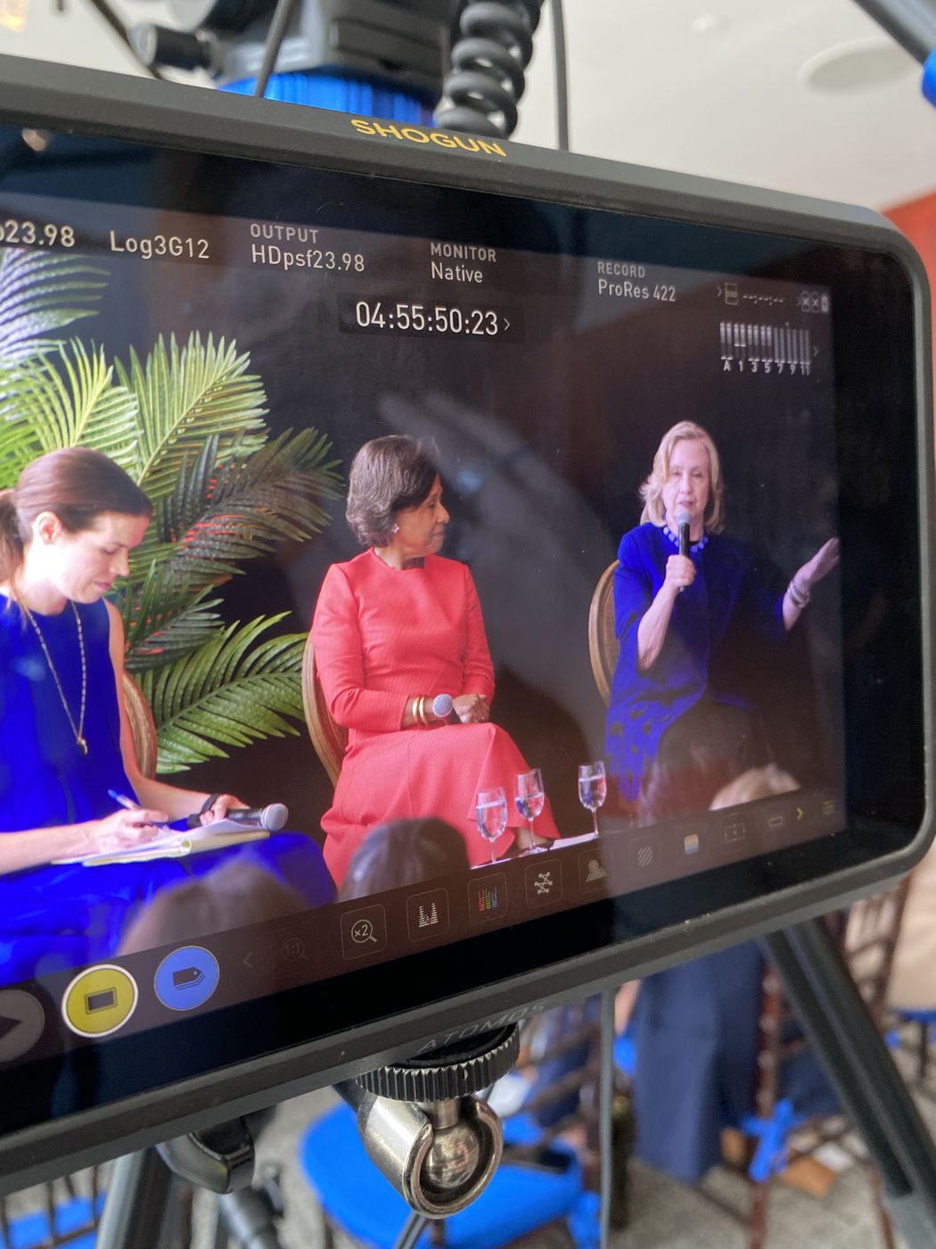 Camera monitor framing a panel during a hybrid livestream production