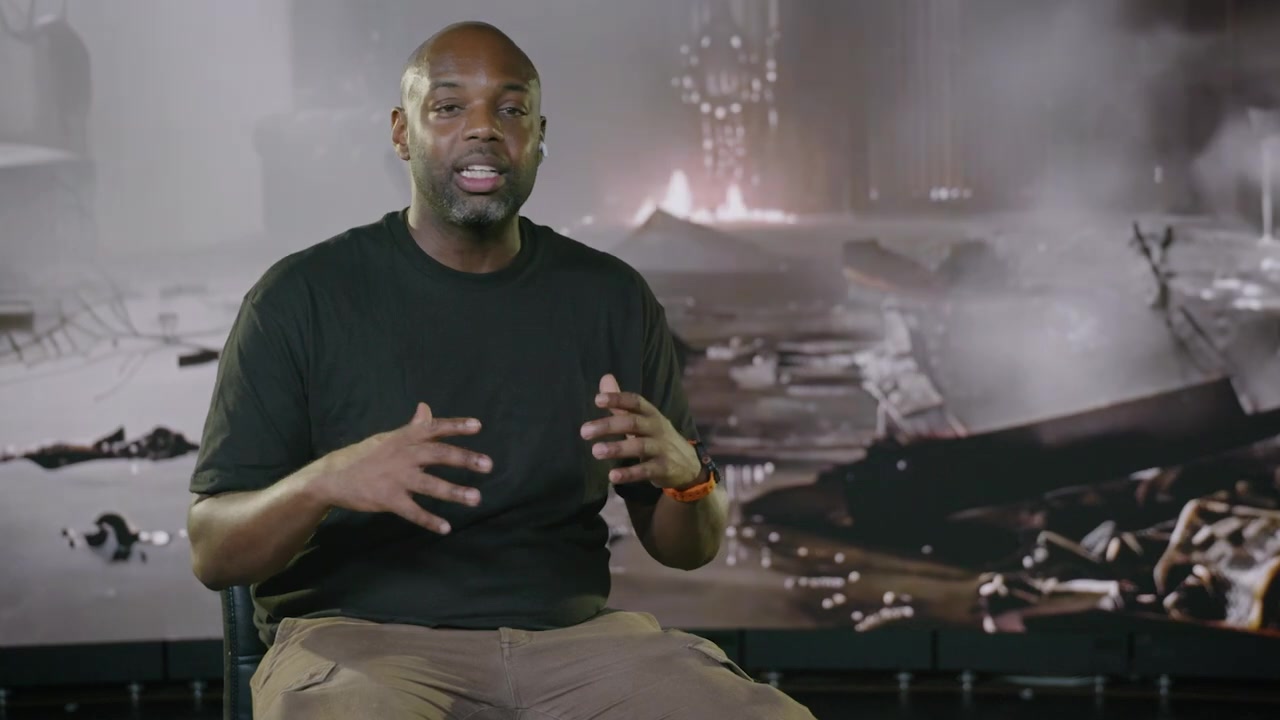 Documentary-style interview setup on an LED stage