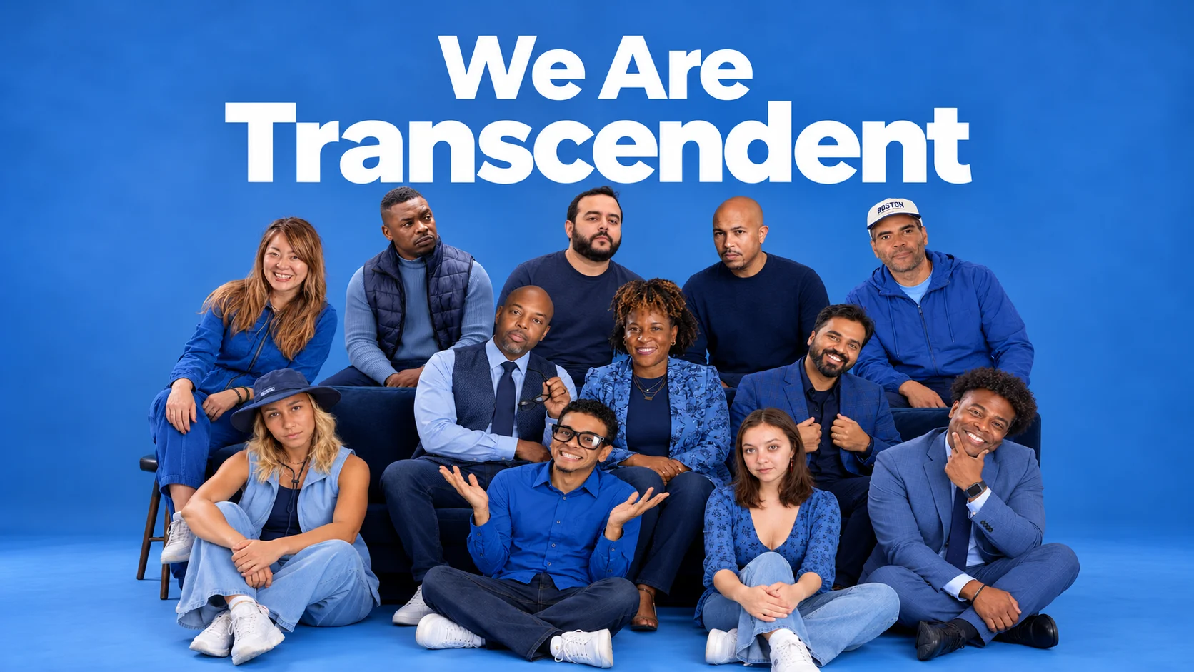 The Transcendent Enterprise crew together in a blue studio