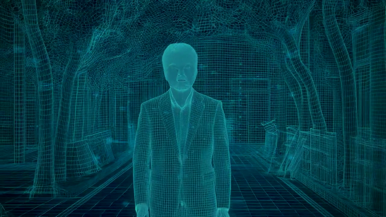 Talent rendered as a wireframe hologram on the LED volume stage