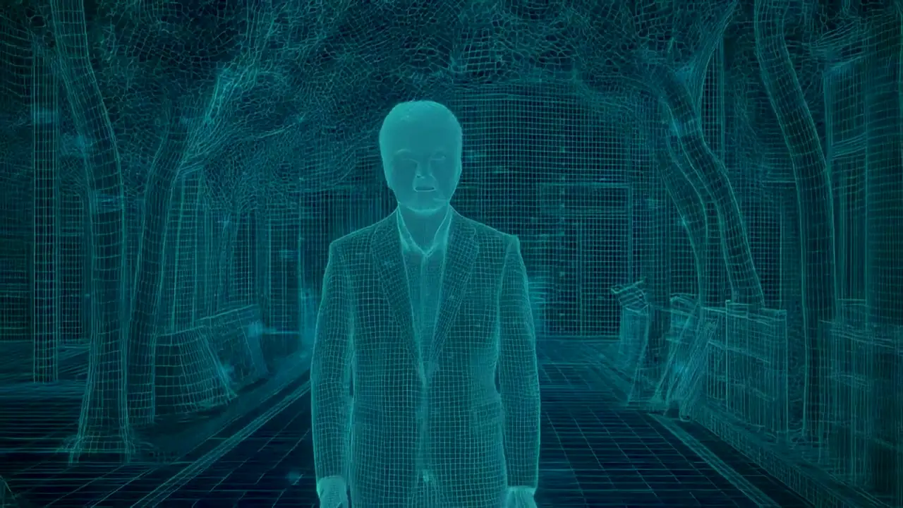 Talent rendered as a wireframe hologram on the LED volume stage