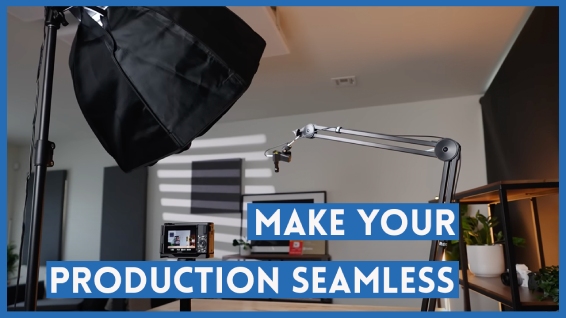 Production studio with a camera, light, and audio system with the text Make your production seamless